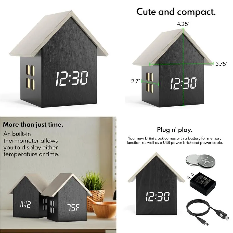 Desk & Table Clocks Digital House-Shaped Alarm Clock With Temperature Display Cute Cube Frame And White Led Dimmer Small Desk For Beds Otqx0