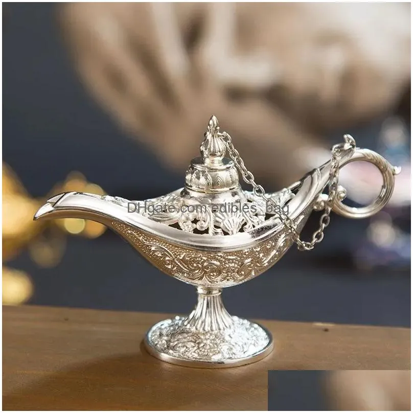 excellent fairy tale aladdin magic lamp incense burner vintage retro tea pot genie lamp aroma stone home ornament metal craft jn08