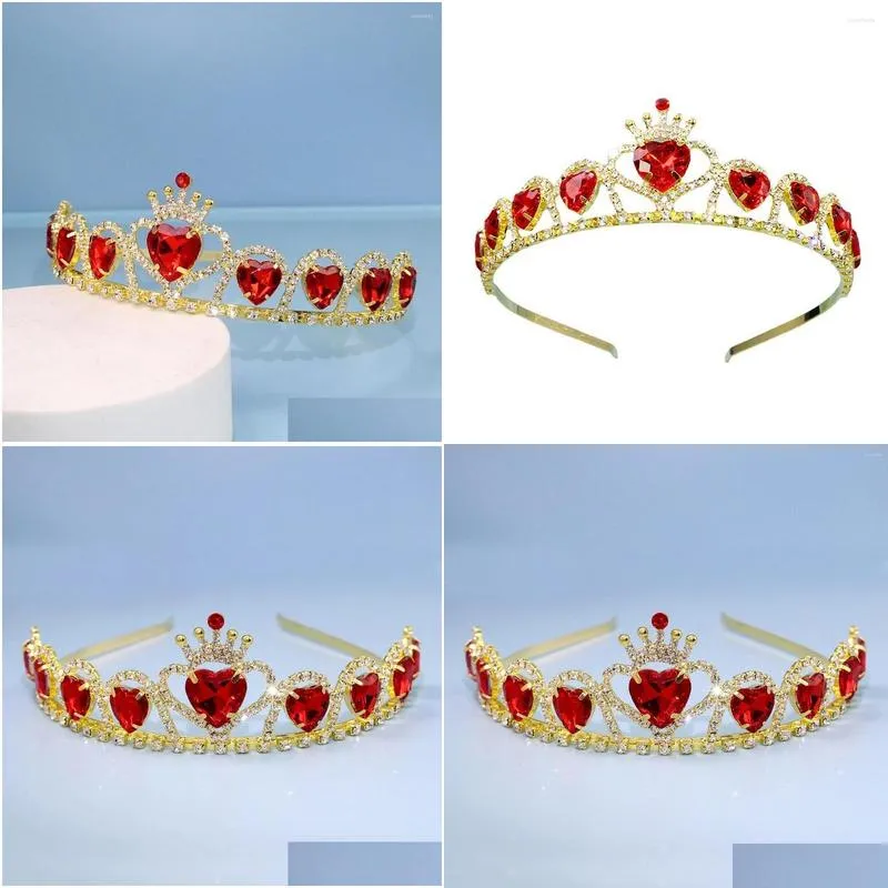 Headpieces Fashion Luxury Wedding Crown Tiara Girl Red Heart Headband Accessories Bridal Drop Delivery Dhjfd