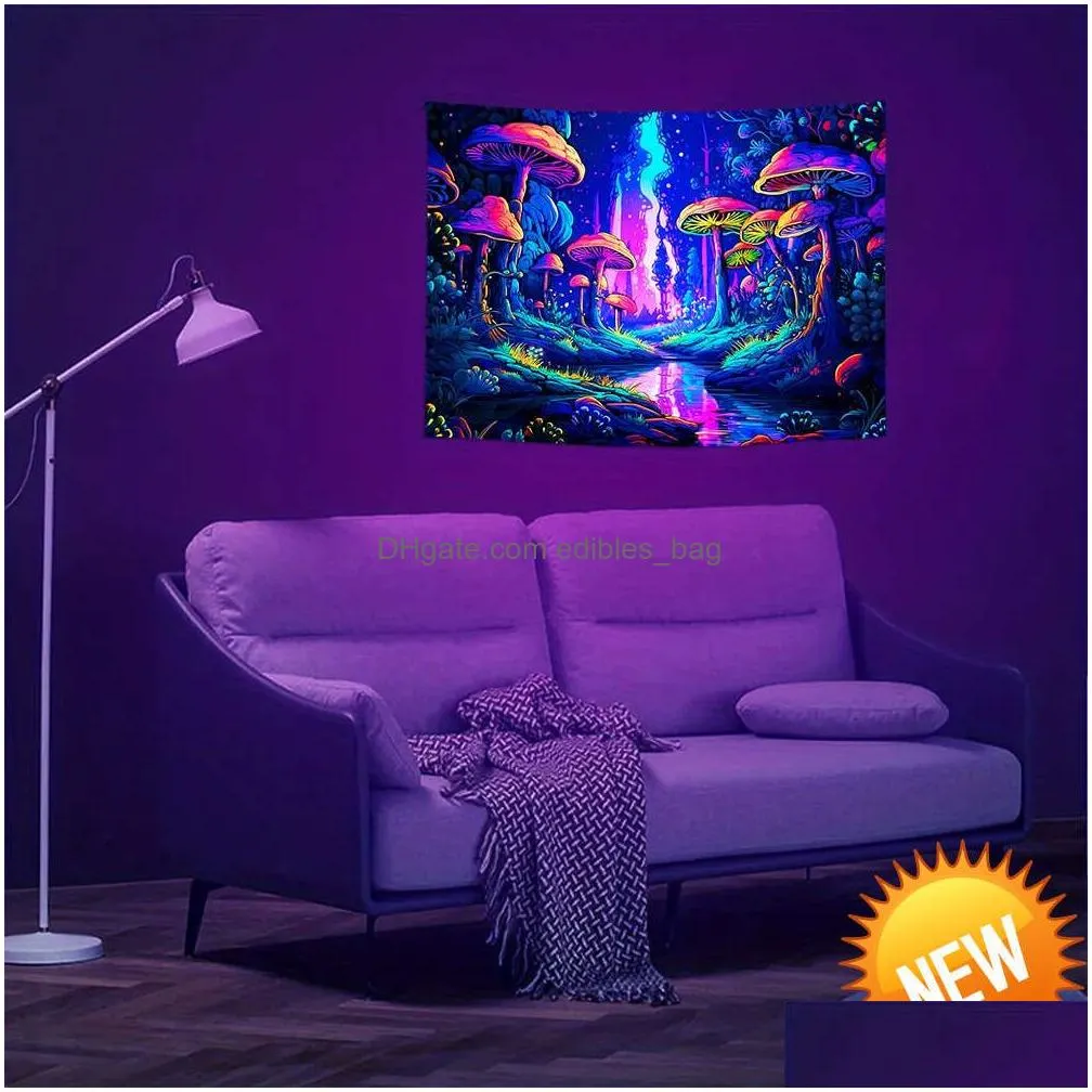 mysterious mushroom forest plants fluorescent tapestry halloween polyster uv blacklight tapestry wall hanging for living roomhome