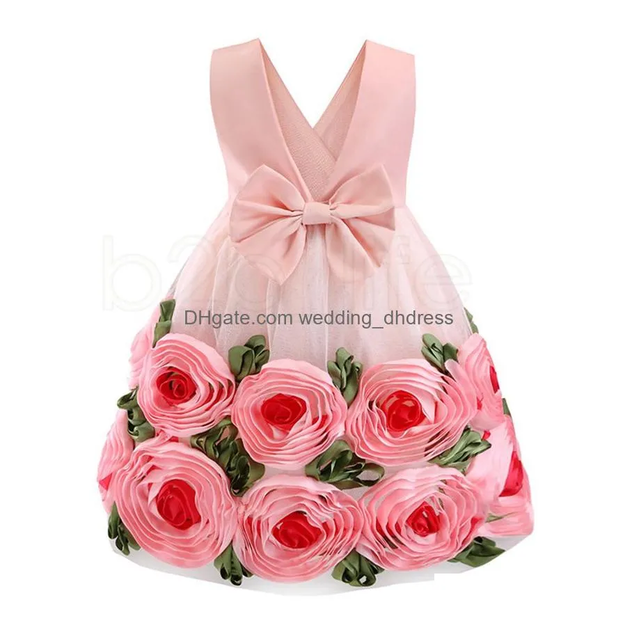 In Stock Flower Girl Dresses Baby Girls Floral Princess Dress Kids Sleeveless Rose Wedding Party Prom Children Fashion Bow Pleated D Dhzfn