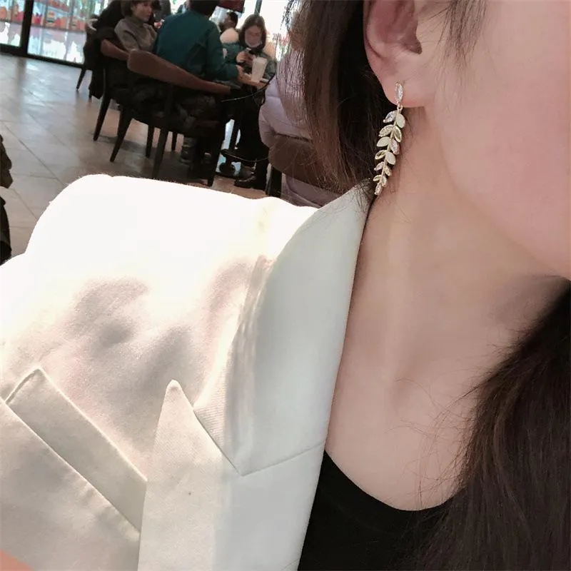 925 earrings super delicate high-grade sense cat-eye earrings micro-inlaid leaf earrings temperament wheat ear earrings