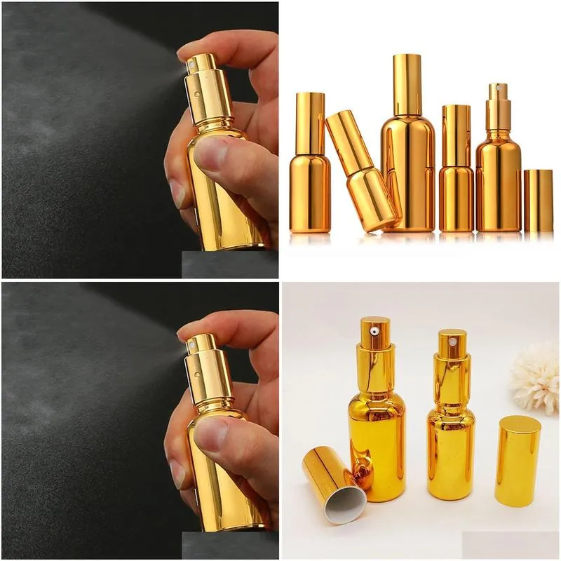 Packing Bottles Wholesale 100Ml Gold Pump Cosmetic Glass Essential Oil Per Bottles With Spray For Personal Care Drop Delivery Office S Otcvn