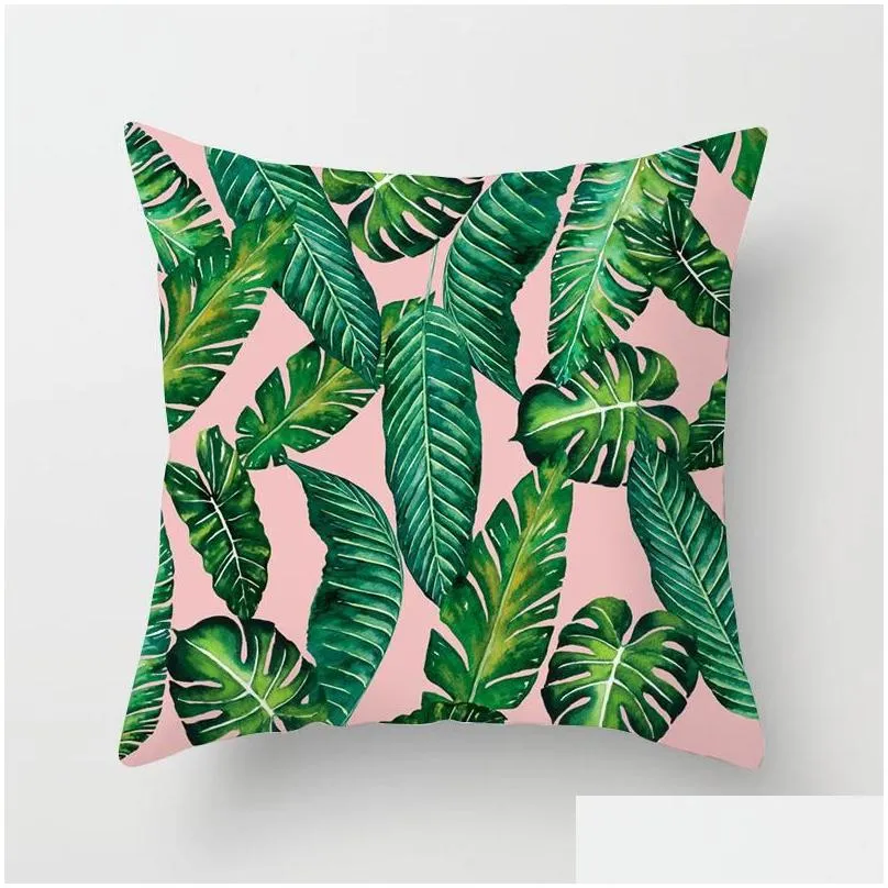 Cushion/Decorative Pillow Tropical Plants Pattern Decorative Pillowcase 45X45Cm Peach Skin Cushion Er Throw Sofa Decoration Drop Deli Dhgct