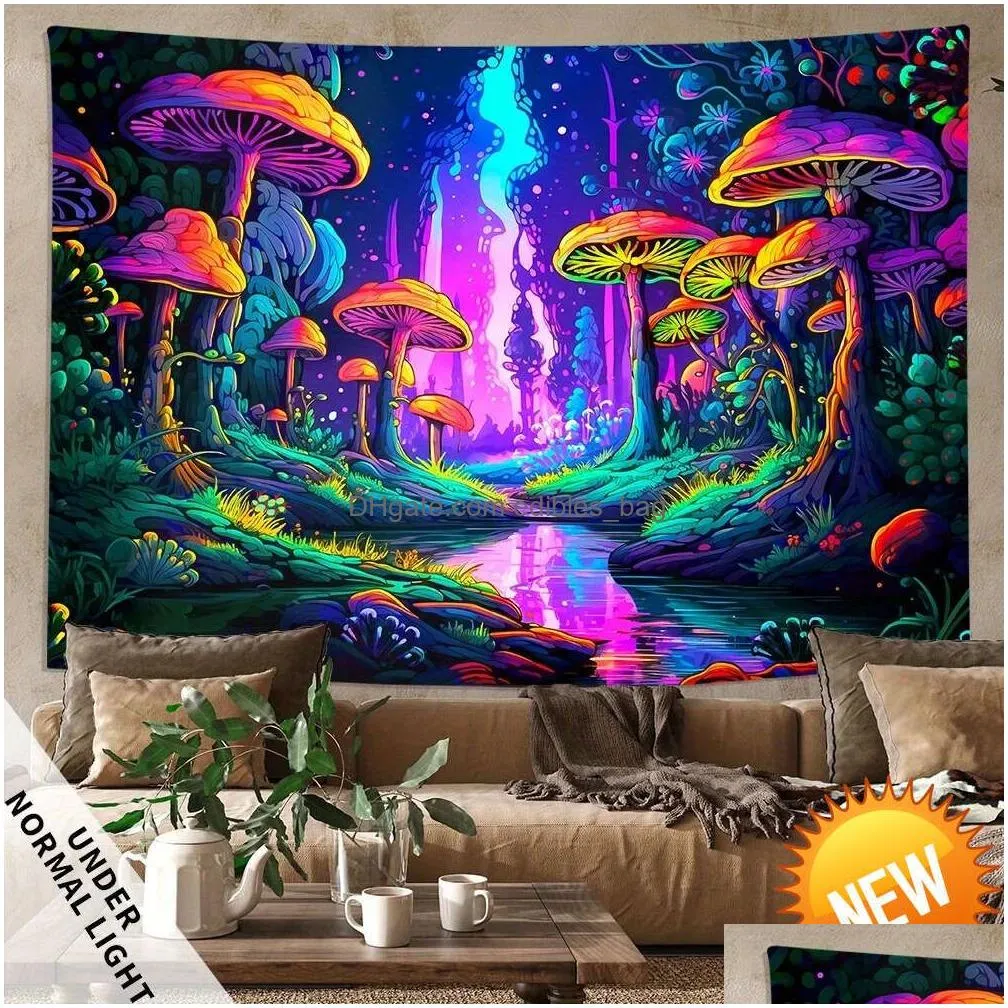 mysterious mushroom forest plants fluorescent tapestry halloween polyster uv blacklight tapestry wall hanging for living roomhome