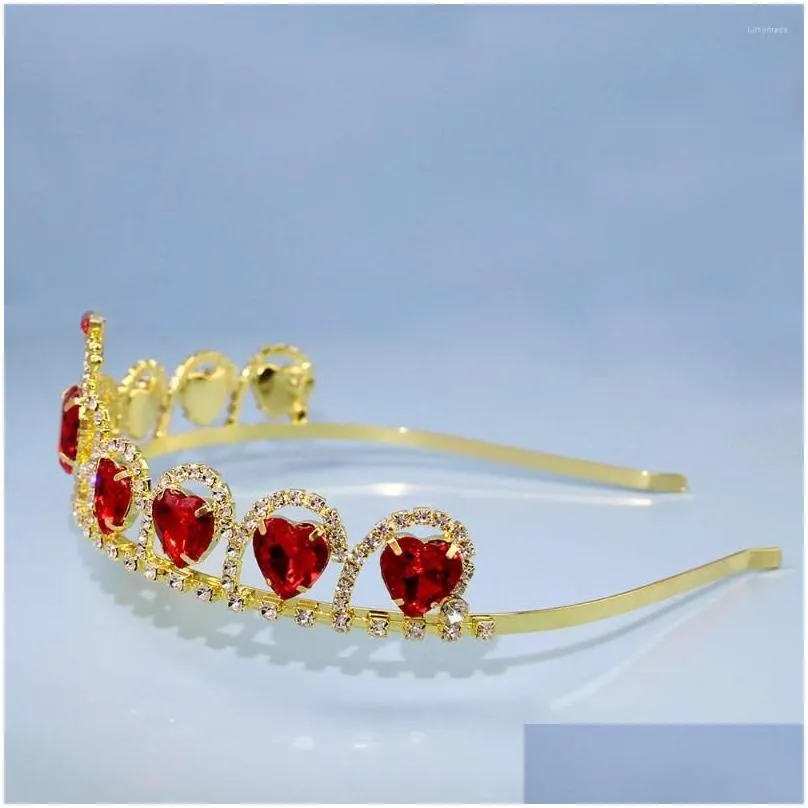 Headpieces Fashion Luxury Wedding Crown Tiara Girl Red Heart Headband Accessories Bridal Drop Delivery Dhjfd