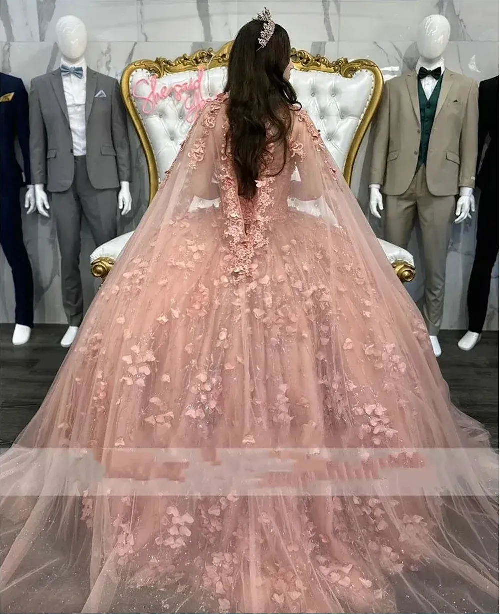 2024 Pink Quinceanera Dresses Sequins Beaded 3D Floral Applique with Cape Corset Back Tulle Custom Sweet 15 16 Princess Pageant Ball Gown vestidos