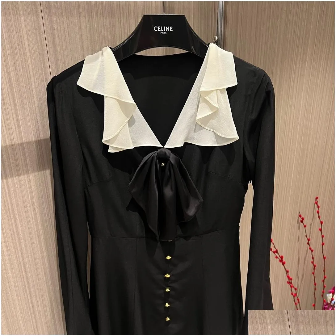 european fashion brand black silk ruffled v-neck long sleeved flared sleeves gathered waist slim fit mini dress