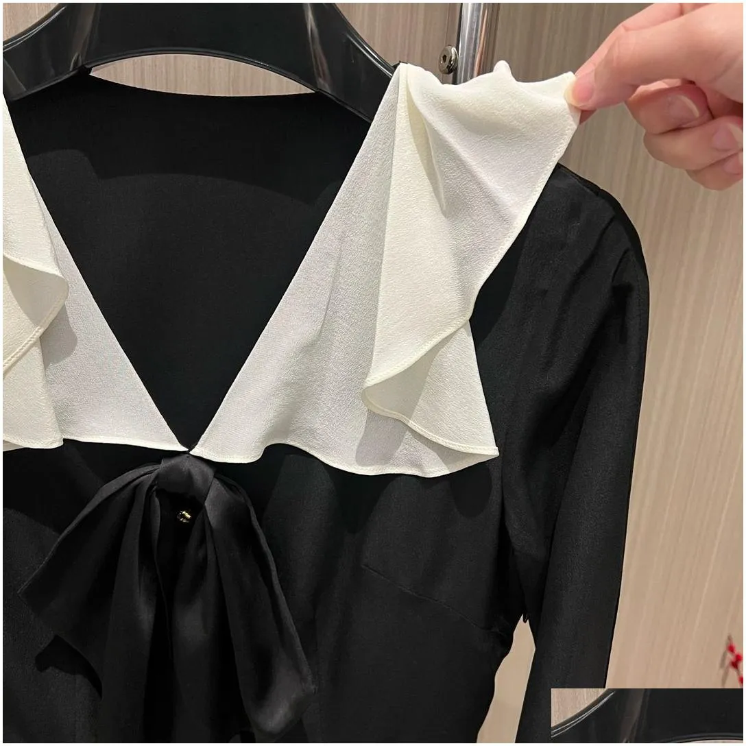 european fashion brand black silk ruffled v-neck long sleeved flared sleeves gathered waist slim fit mini dress