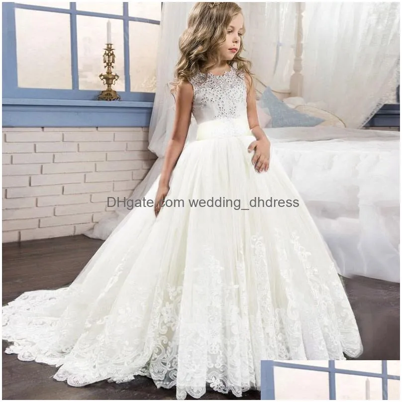 In Stock Flower Girl Dresses Girls Dress Elegant White Bridesmaid Kids For Children Long Princess Party Wedding 14 10 12 Years Drop Dhvow