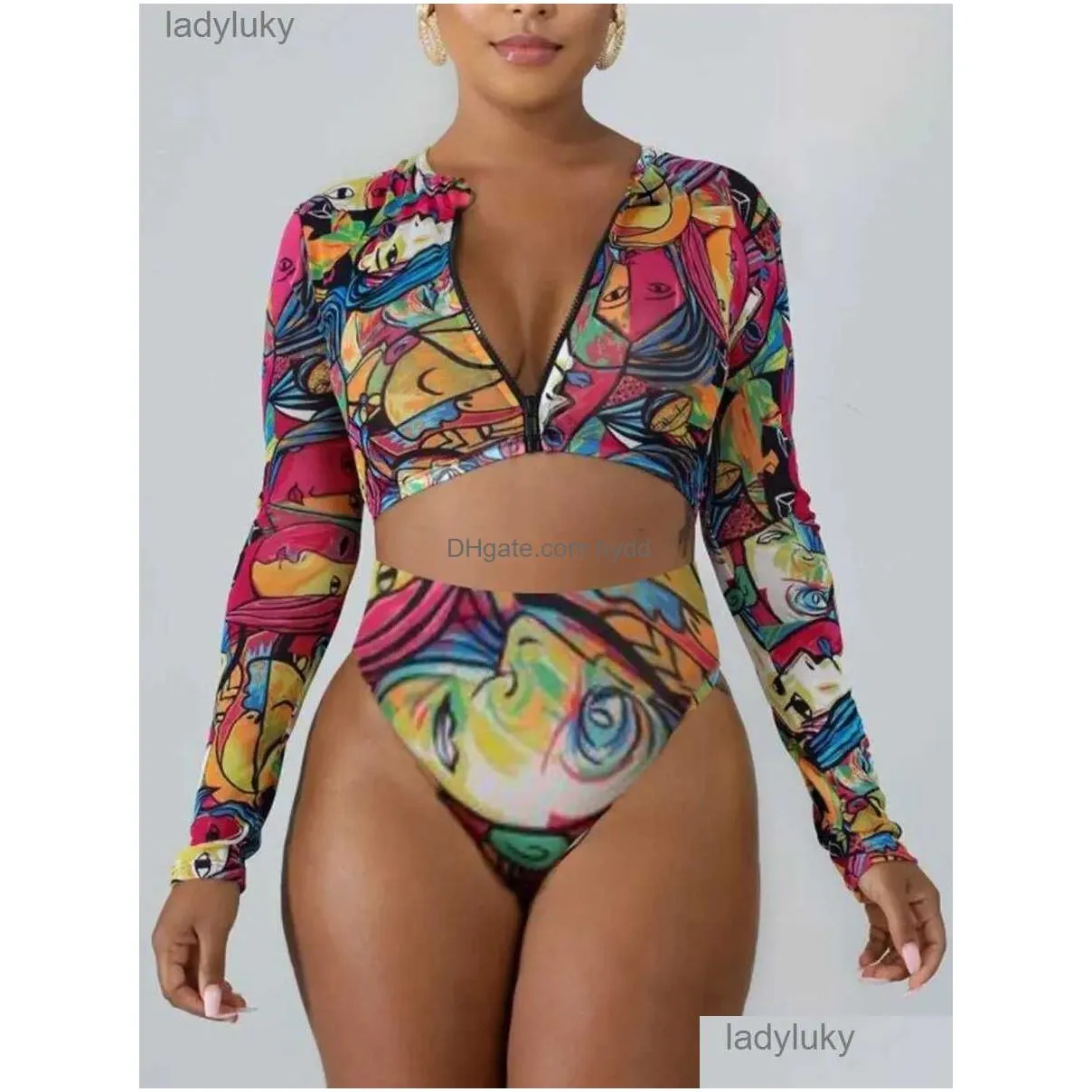 swim wear 2024 surf swimsuit long sleeve printed swimwear women zipper two piece rashguard diving clothes bathing swimming suitl240114