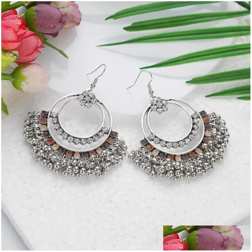 dangle earrings ethnic silver color big round drop pendientes retro white crystal alloy beads tassel bijoux femme accessories