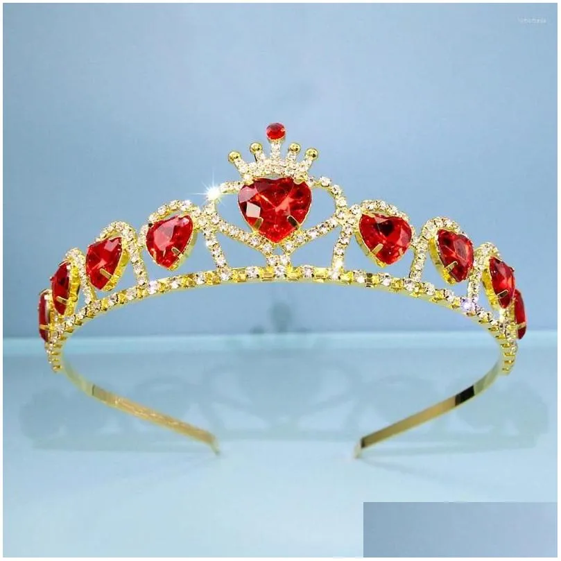 Headpieces Fashion Luxury Wedding Crown Tiara Girl Red Heart Headband Accessories Bridal Drop Delivery Dhjfd