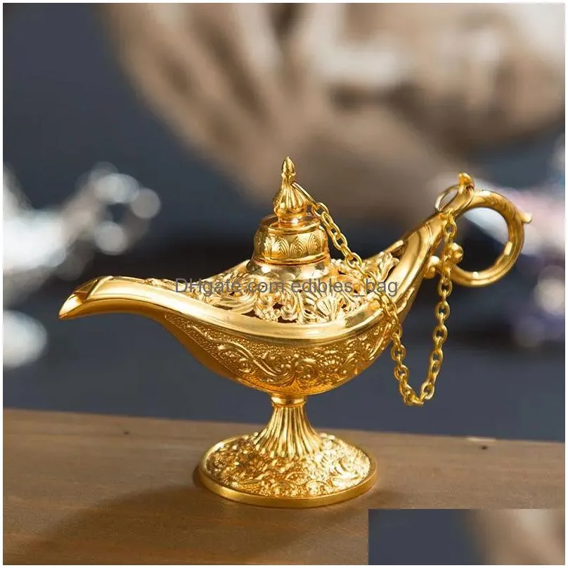 excellent fairy tale aladdin magic lamp incense burner vintage retro tea pot genie lamp aroma stone home ornament metal craft jn08