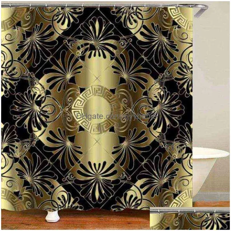 Shower Curtains 3D Luxury Black Gold Greek Key Meander Bathroom Curtains Shower Curtain Set For Modern Geometric Ornate Bath Rug Decor Dhvtl