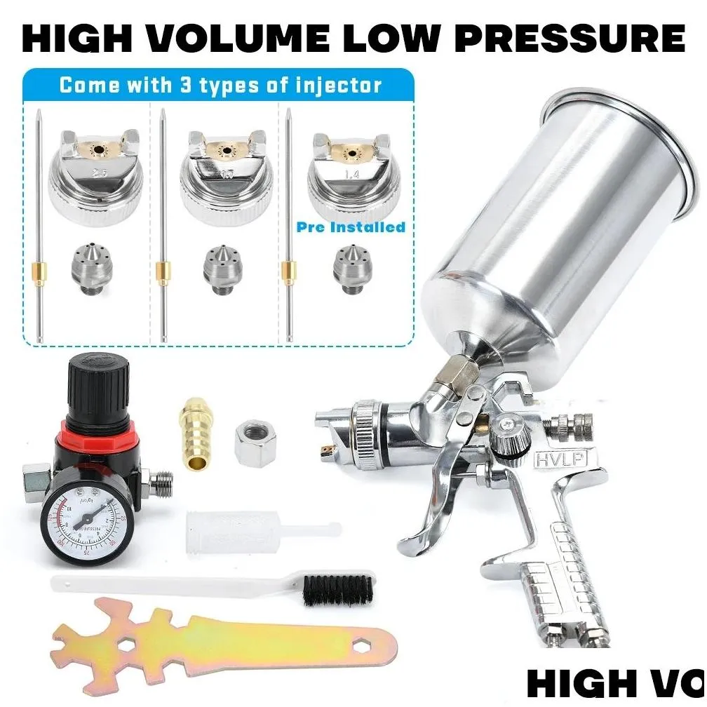 2.5mm professional hvlp spray gun hvlp gravity feed spray gun kit with regulator paint primer metal flake 1l diy spray paint kit