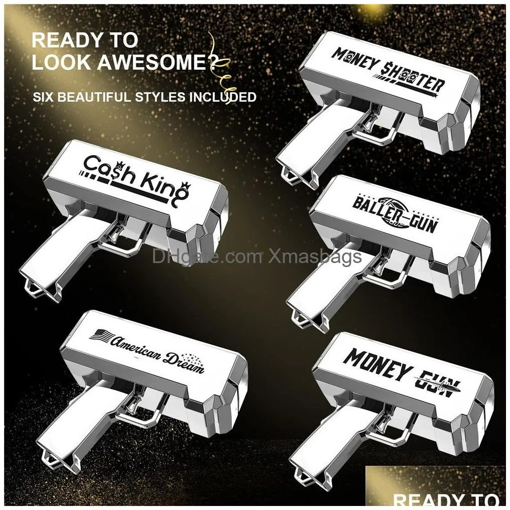 money gun shooter with 100pcs prop spray toy gun cash cannon 18k silver plated make it rain dollar  for movies wedding birthday