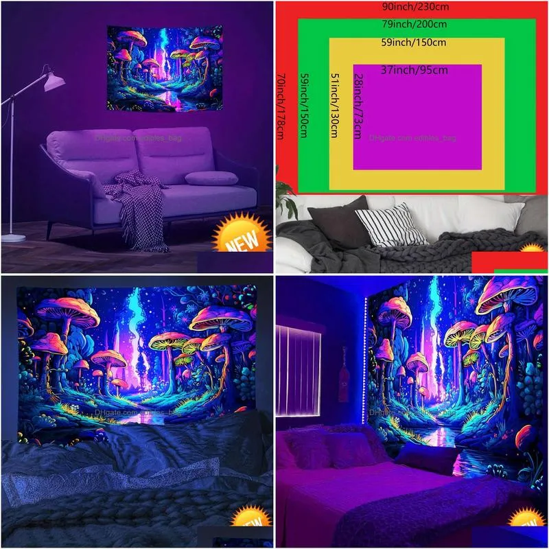 mysterious mushroom forest plants fluorescent tapestry halloween polyster uv blacklight tapestry wall hanging for living roomhome