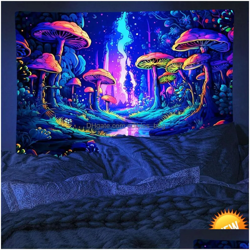 mysterious mushroom forest plants fluorescent tapestry halloween polyster uv blacklight tapestry wall hanging for living roomhome