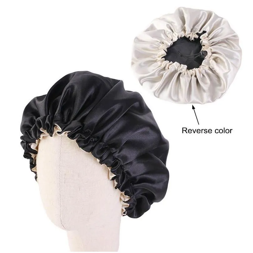 Beanie/Skull Caps Fashion Silk Slee Cap Kids Size Satin Bonnet For Beautif Hair Double Wear Extra Large Round 9 Colors Drop Delivery F Dhbrx