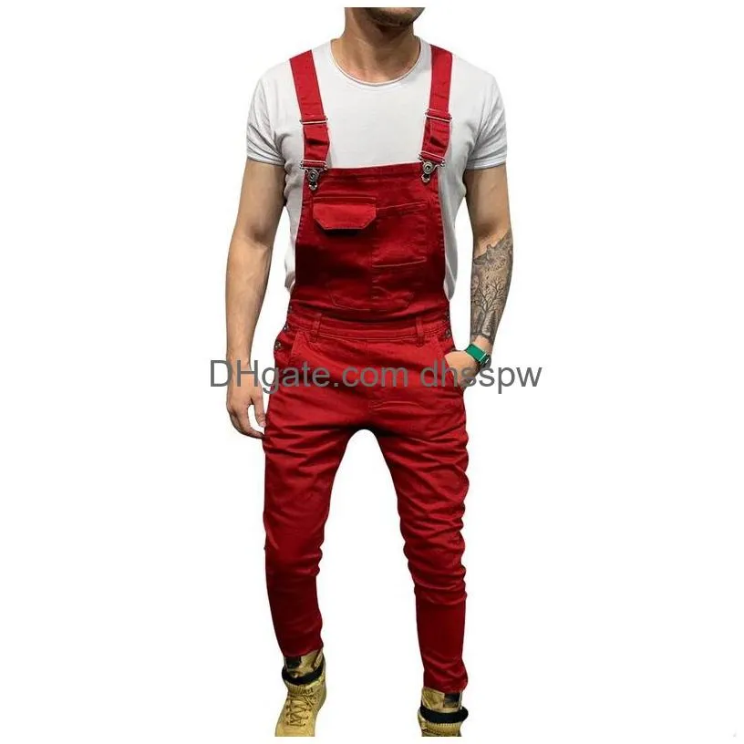 mens jeans high street pockets jeans men fashion slim fit denim jumpsuits modish strap overalls casual suspender distressed jeans pant