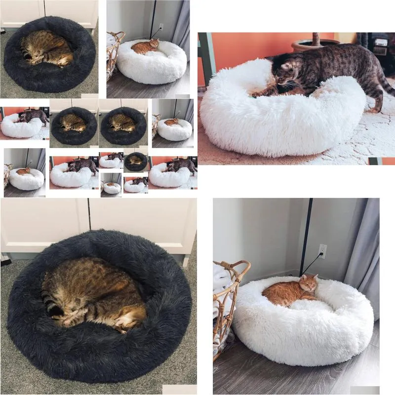 Cat Beds & Furniture Calming Cat Bed - Donut Fluffy Pet Warm Kitten Kennel Soft Round Cave Nest Drop Delivery Home Garden Pet Supplies Otvvt