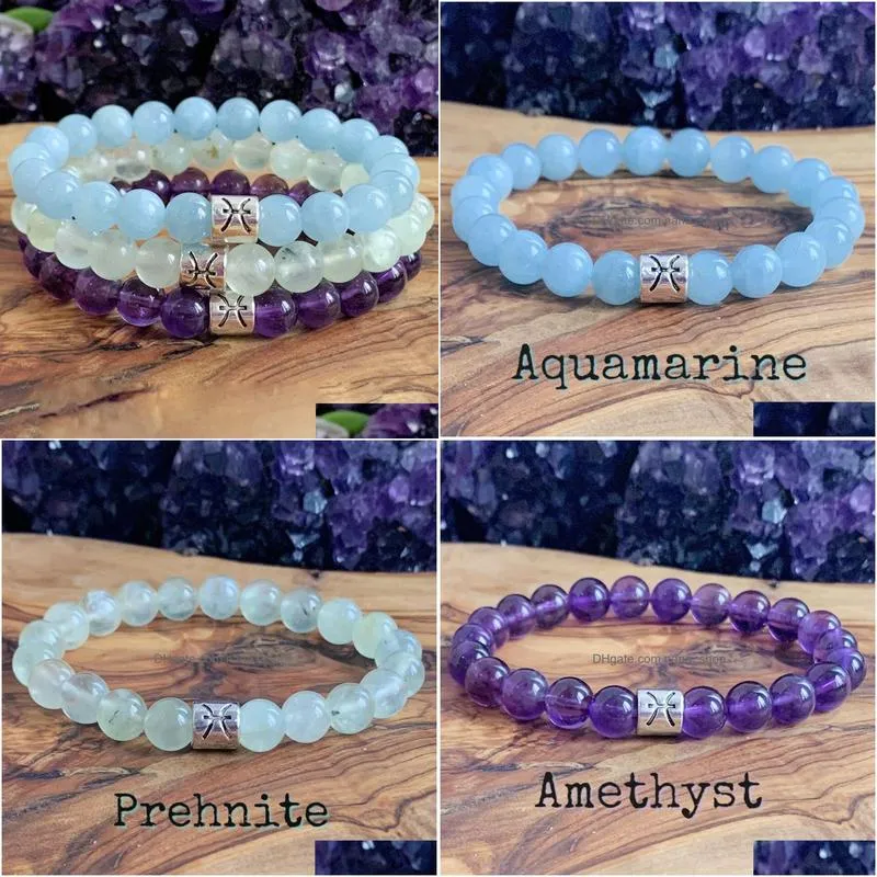 Beaded Mg1317 Strand New Design Pisces Zodiac Stack Bracelet Set Womens Natural Aa Prehnite Mala Amethyst Aquamarine Wrist Jewelry Dr Dhjlq