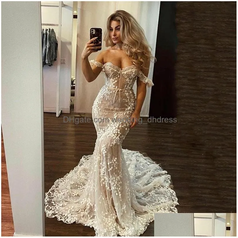 3d lace appliques boho mermaid wedding dresses illusion nude lining sexy off shoulder sweetheart corset beach long bridal gowns