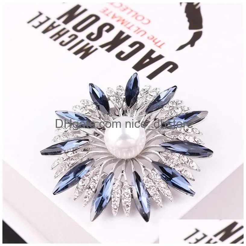 brooches pins todox blue crystal sunflower rhinestone pearl brooch concise style wedding gifts for girls full dress garment accessory