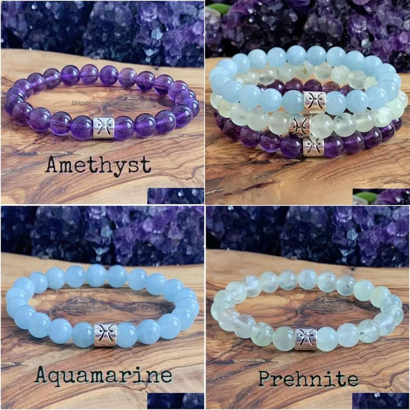 Beaded Mg1317 Strand New Design Pisces Zodiac Stack Bracelet Set Womens Natural Aa Prehnite Mala Amethyst Aquamarine Wrist Jewelry Dr Dhjlq