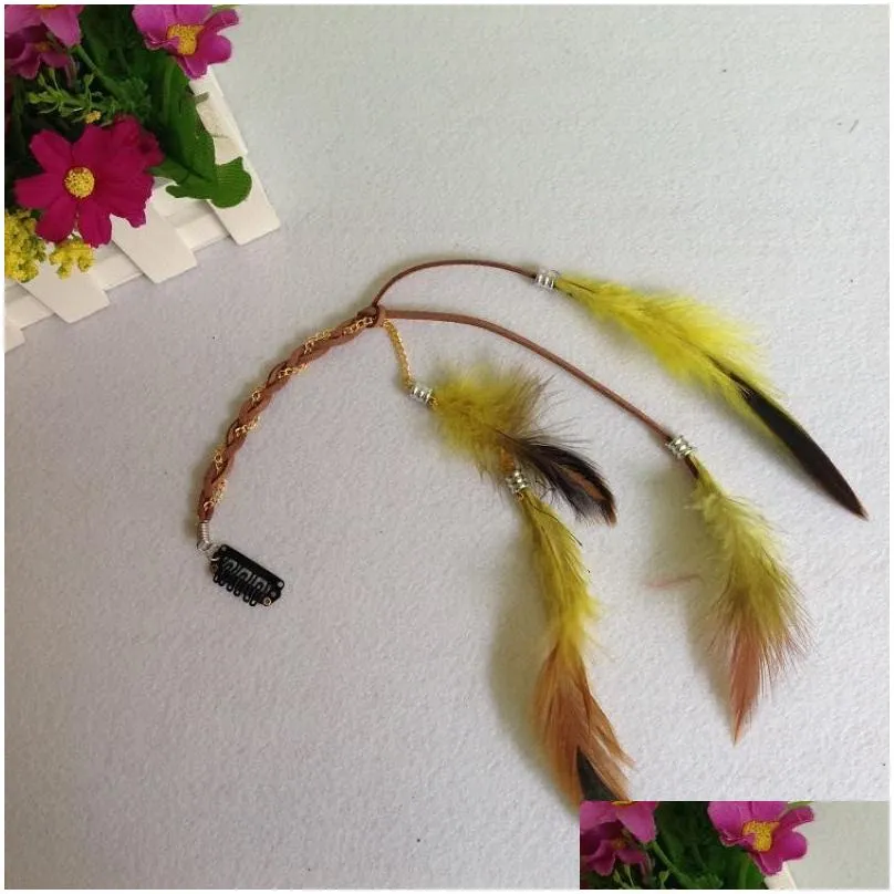 Hair Clips & Barrettes Handmade Bohemia Feather Hair Barrettes Fashion Colorf Pigtail With Metal Chain Card Bb Clip 8 Colors Wholesal Dh591