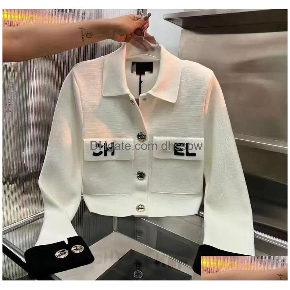 2023ss designer womens jackets top quality lapel polo fashion chest pocket slim fit white embroidery printed metal buckle knitted long-sleeved cardigan