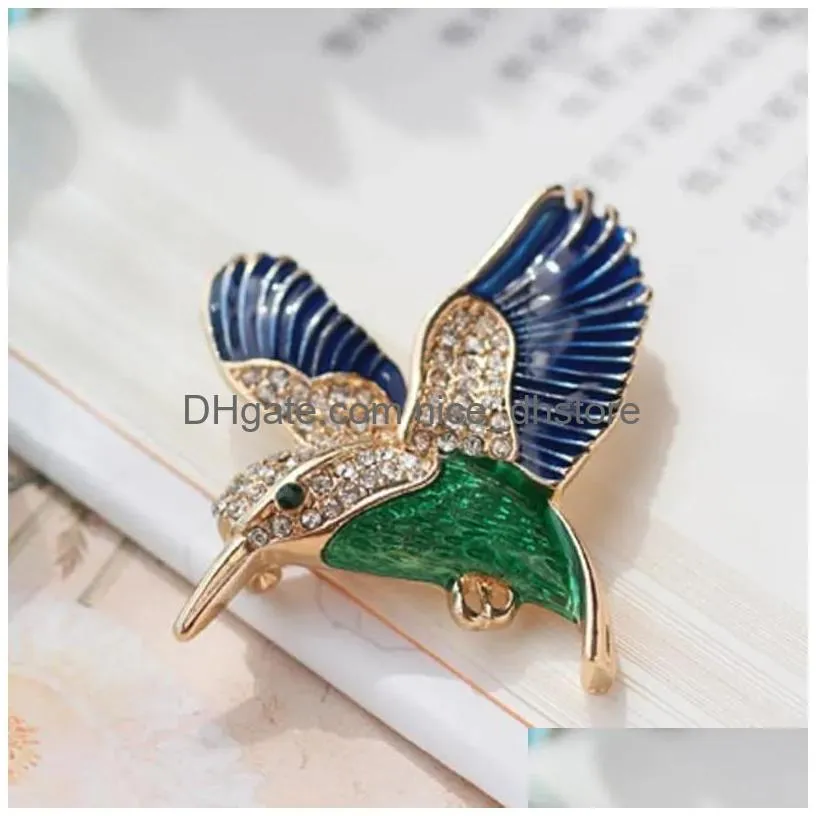 brooches 2022 fashion jewelry enamel pins metal crystal rhinestone hummingbird brooch broches vintage animal bird for women men