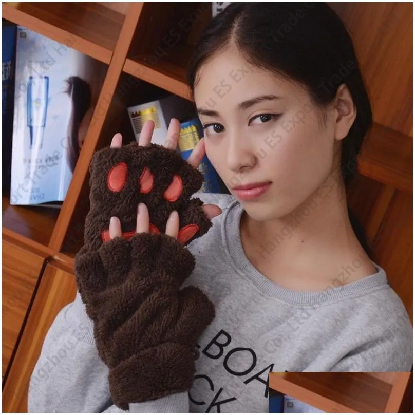 Fingerless Gloves Cat Claw Gloves Winter Cute Cartoon Girl Fingerless Mittens Thicken Fluffy Bear Palm Half Finger Drop Delivery Fashi Dhosg