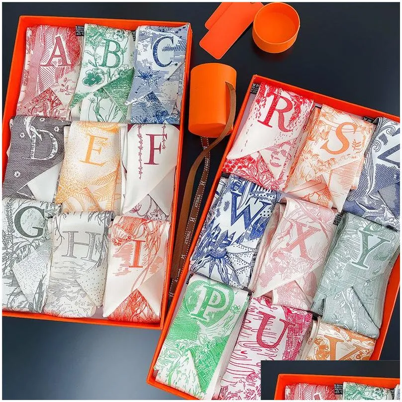 Scarves Tarot Brand Silk Scarves 26 Letters Iti Hand-Painted Printing Small Twill Imitation Scarf Tied Bag Handle Drop Delivery Fashio Dhvqc