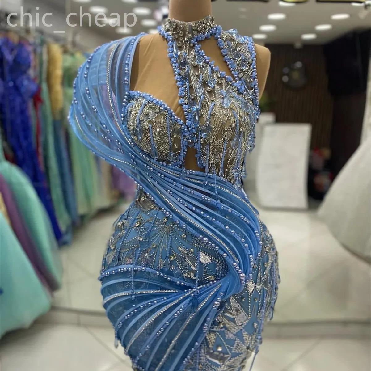 2024 Aso Ebi Sky Blue Mermaid Prom Dress Sequined Beaded Crystals Sexy Evening Formal Party Second Reception Birthday Engagement Gowns Dresses Robe De Soiree ZJ65