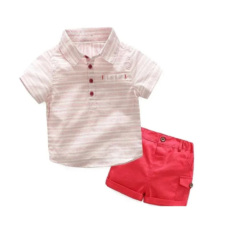 Clothing Sets Summer Boys Clothes Set Gentle Boy Outfits Short Sleeve Striped T-Shirt With Red Shorts Kids Clothing Drop Delivery Baby Otsbv