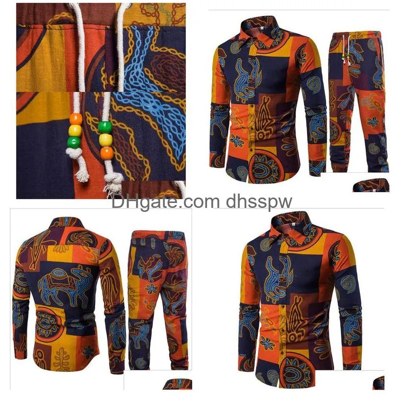 men shirts pants set summer casual printed shirt homme shirts male printing dress suit sets plus size m-5xl