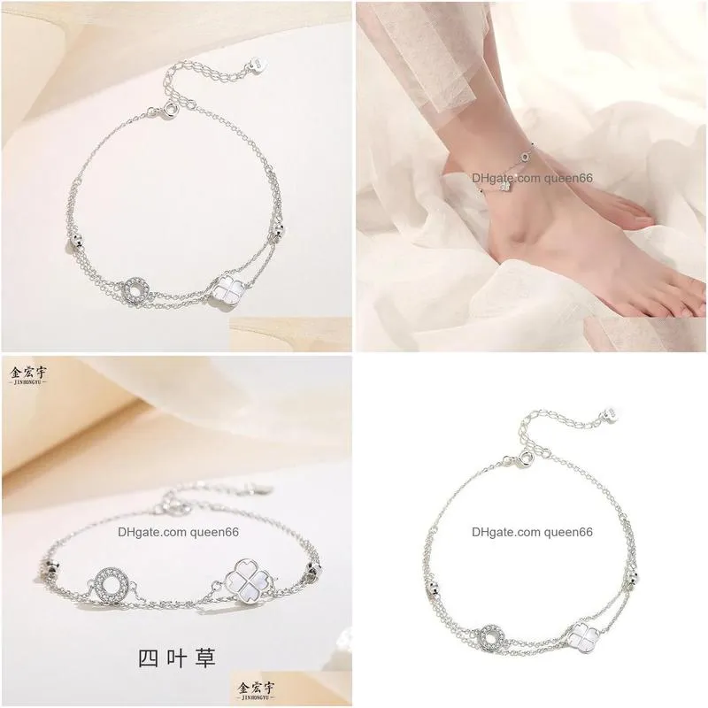 Other Anklets Real 925 Sterling Sier Double Layered Fourleaf Clover Anklet Delicate White Mother Of Pearl Ankle Bracelet Foot Chains Dhmvw