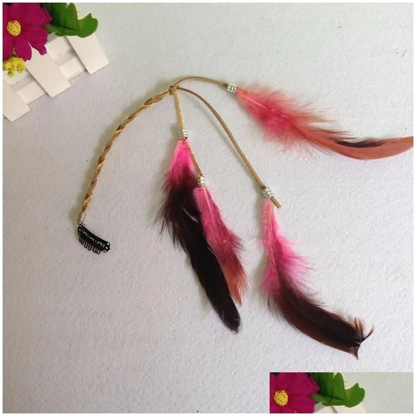 Hair Clips & Barrettes Handmade Bohemia Feather Hair Barrettes Fashion Colorf Pigtail With Metal Chain Card Bb Clip 8 Colors Wholesal Dh591