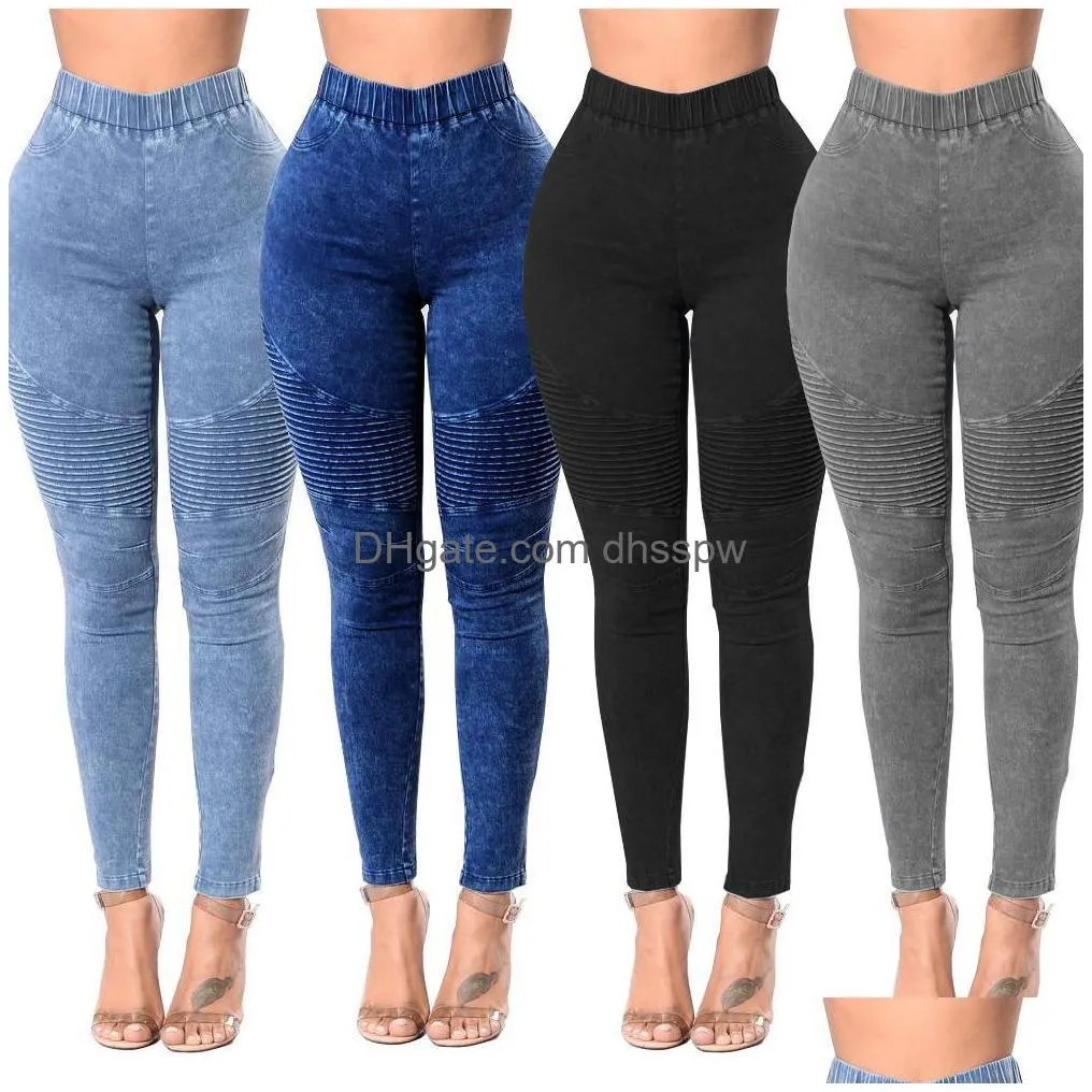 women jeans slim skinny solid denim pants high waist pleated fashion designer sexy hip hop clubwear 2xl