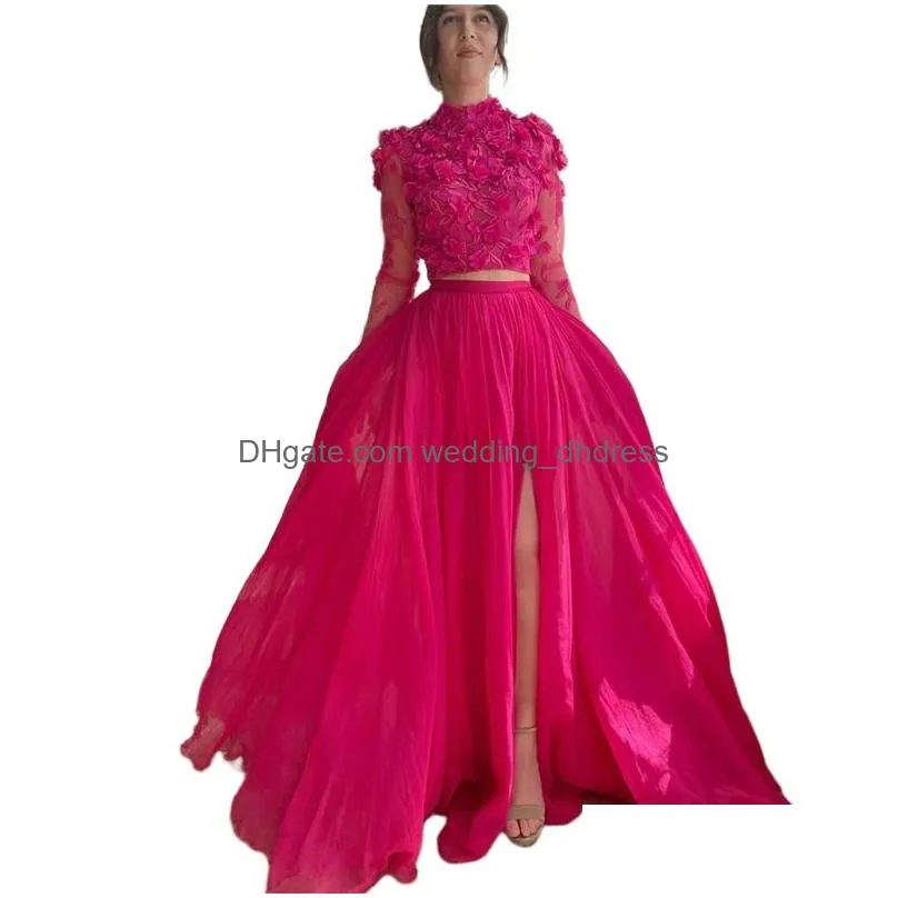 3d floral appliques fuchsia prom dresses two pieces long sleeves chiffon a line special occasion gowns front split high neck evening dress