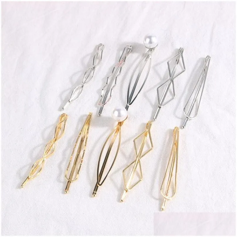 Hair Clips & Barrettes Simple Retro Geometric Hair Clips Fashion Women Pearls Bangs Gold And Sier Side Clip Headwear 5Pcs In One Set Dhmka