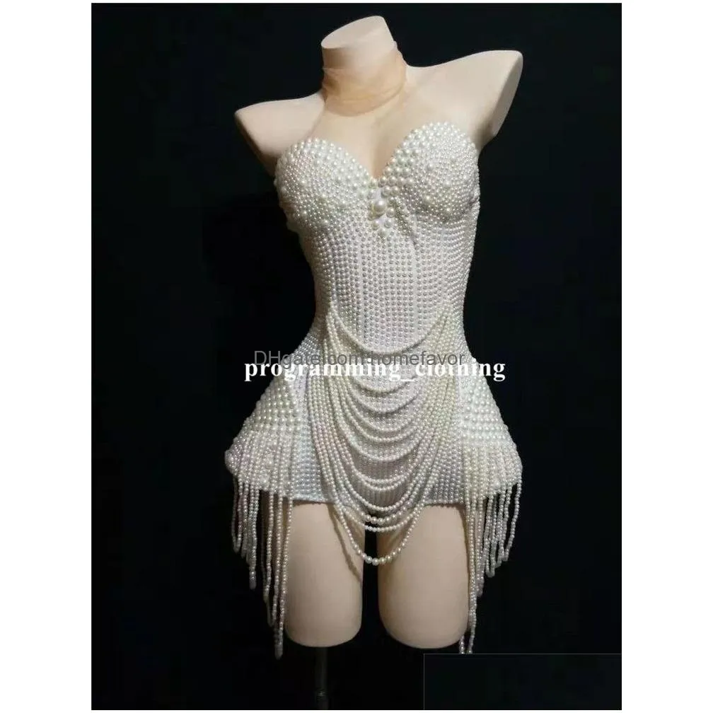 y74 white beading sleeveless bodysuit party pearl stage wear dance costumes female evening dress outfits dj short jumpsuit club