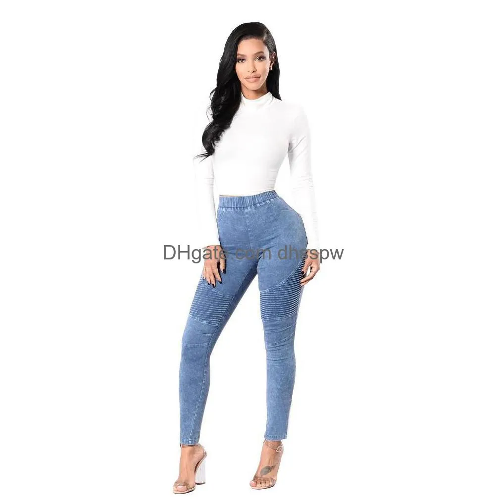 women jeans slim skinny solid denim pants high waist pleated fashion designer sexy hip hop clubwear 2xl