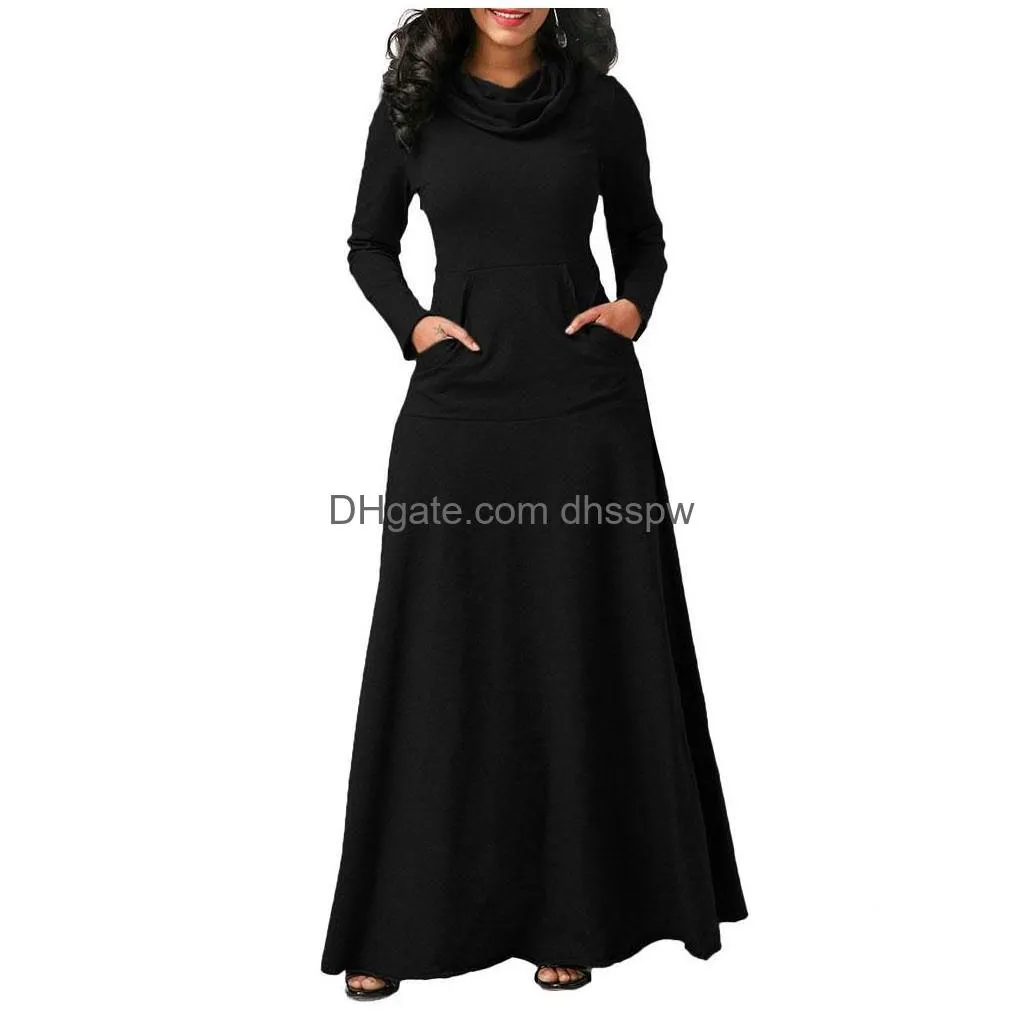 woman casual cowl neck a-line pocket long maxi dress ladies long sleeved dresses