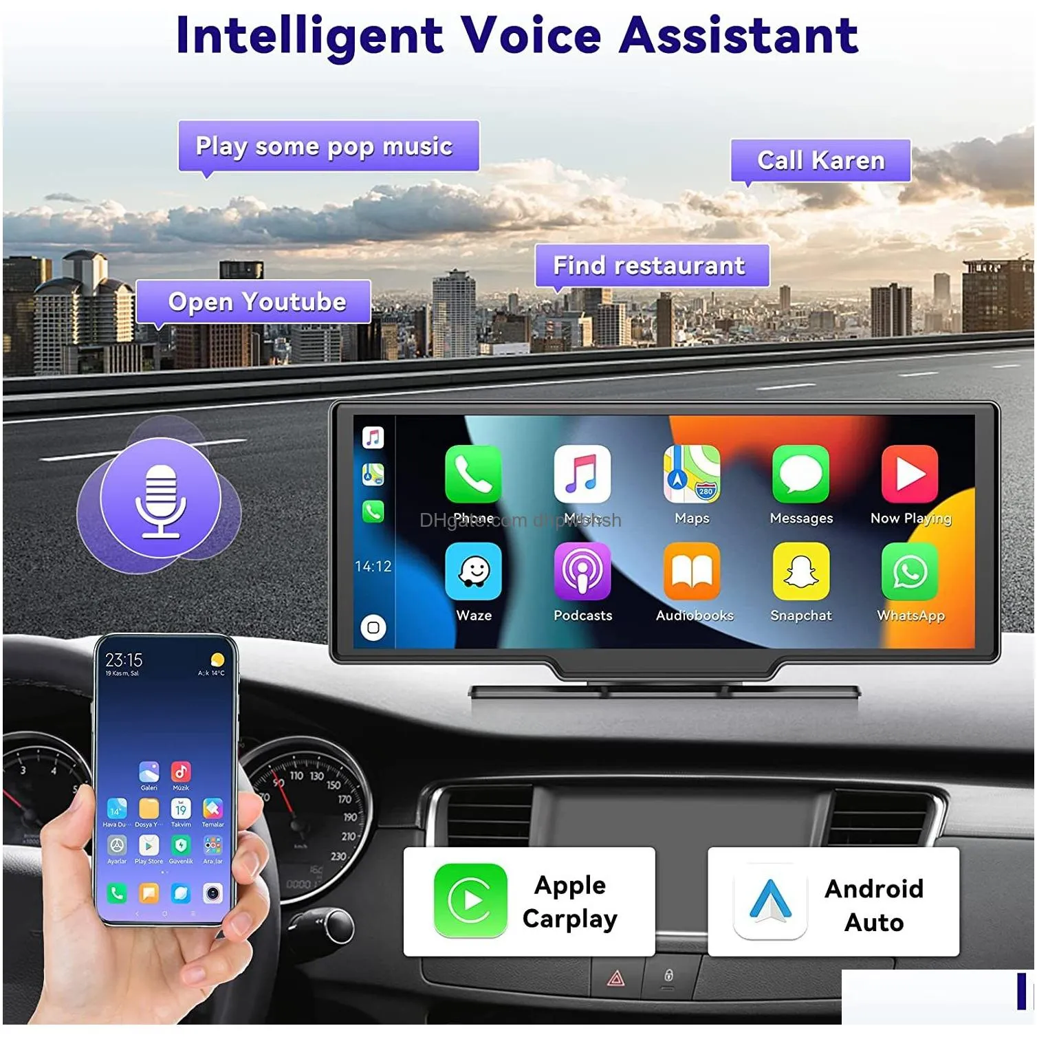 auto 10.26 inch car video wireless  carplay android auto ips touch screen car stereo with backup camera bluetooth radio receiver support siri/google assistant