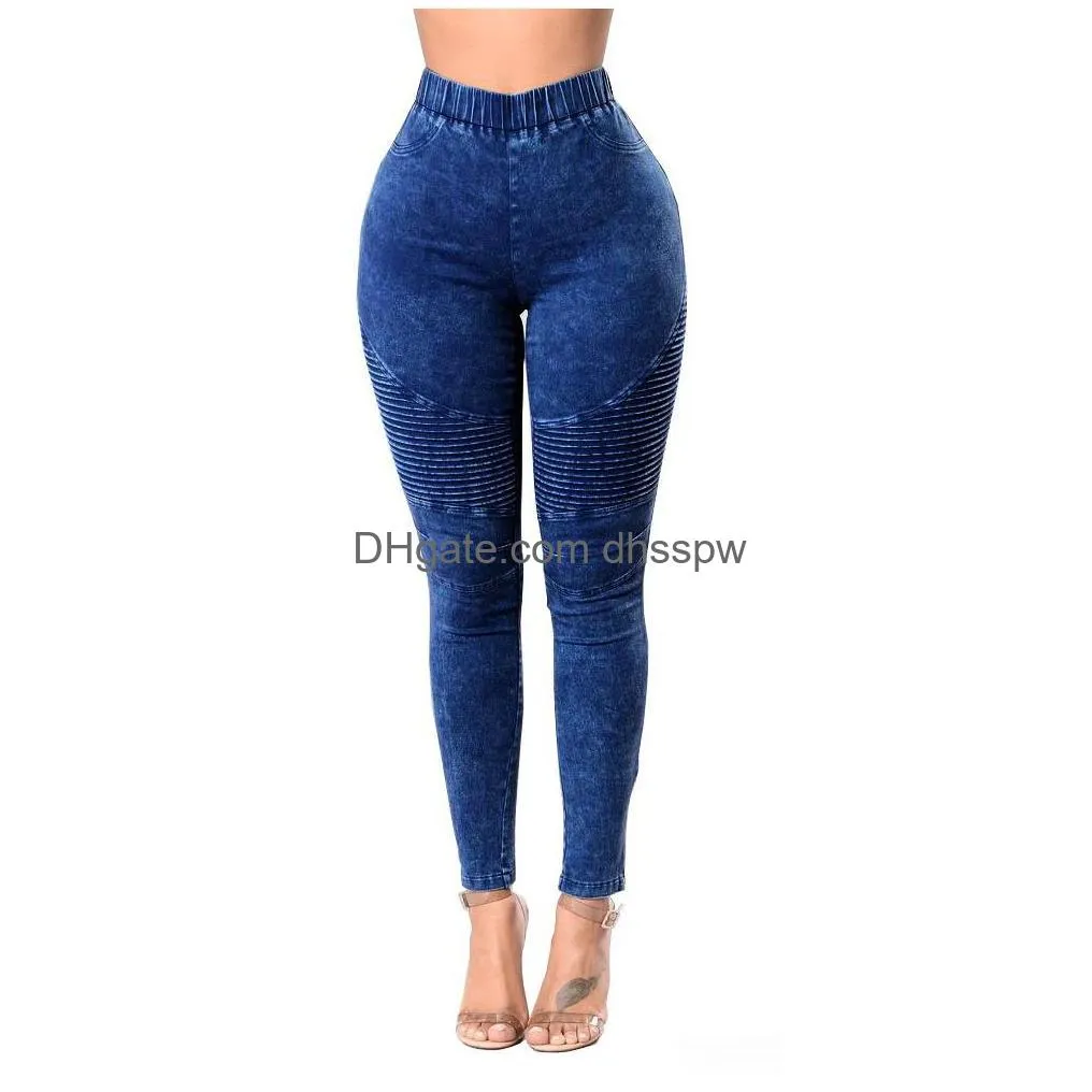 women jeans slim skinny solid denim pants high waist pleated fashion designer sexy hip hop clubwear 2xl