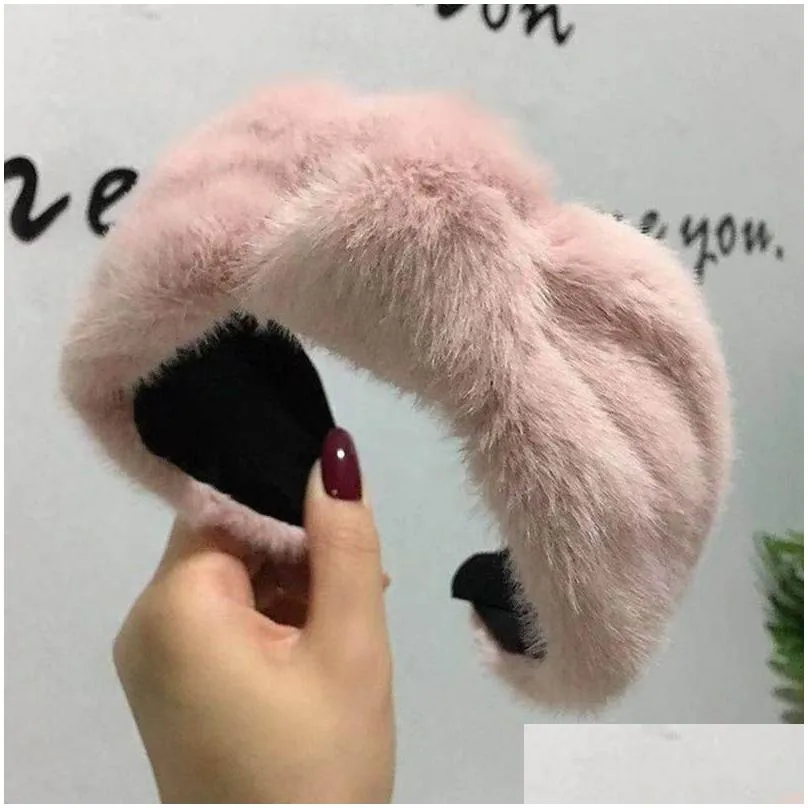 Headbands Autumn And Winter Artificial Rabbit Fur Knotted Headband Hair Ornaments Solid Color Hairband Wide Brim Cute Drop Delivery J Dh1Lf