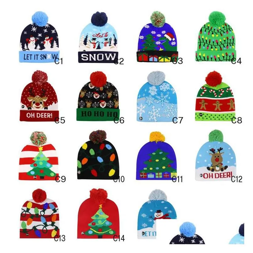 Beanie/Skull Caps Christmas Cute Patterns Festival Beanies With Led Lights Novelty Pom-Pom Beanie Size 56-60Cm Skl Caps 15 Options Mix Dhdw8